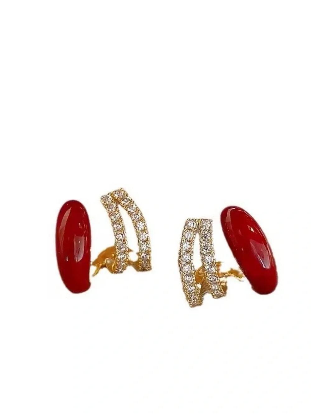 *** New Trendy Gold-Plated Red Enamel & Crystal Double-Bar Earrings